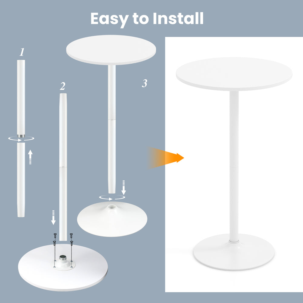 Round bistro table assembly steps showing detachable pole for adjustable height, featuring a 24" tabletop and sturdy.