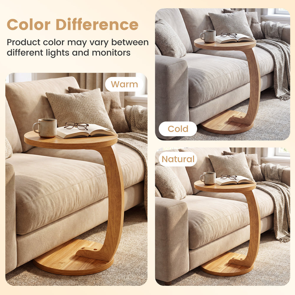 C-shaped side table in teak wood with thickened top, showcasing warm, cold, and natural color variations for versatile.