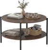 Round coffee table with rustic brown finish, featuring a spacious top and open storage shelf for living room essentials.