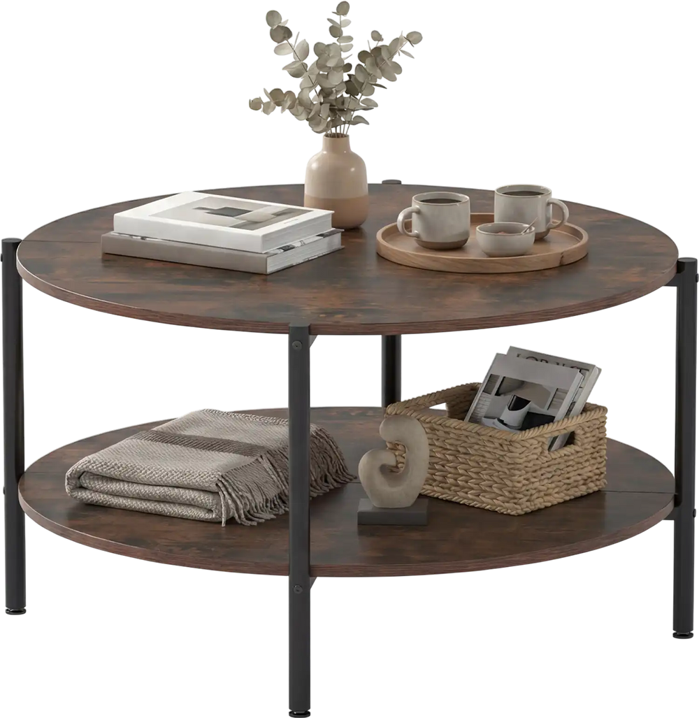 Round coffee table with rustic brown finish, featuring a spacious top and open storage shelf for living room essentials.