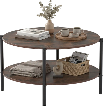 Costway Round 2-Tier Industrial Coffee Table Open Storage Shelf 58753656 New