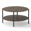 Round coffee table with rustic brown finish, featuring a 2-tier design and open storage shelf for living room.