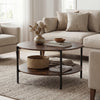 Round coffee table with a rustic brown finish, showcasing a sturdy cross-shaped structure and ample clearance for easy.