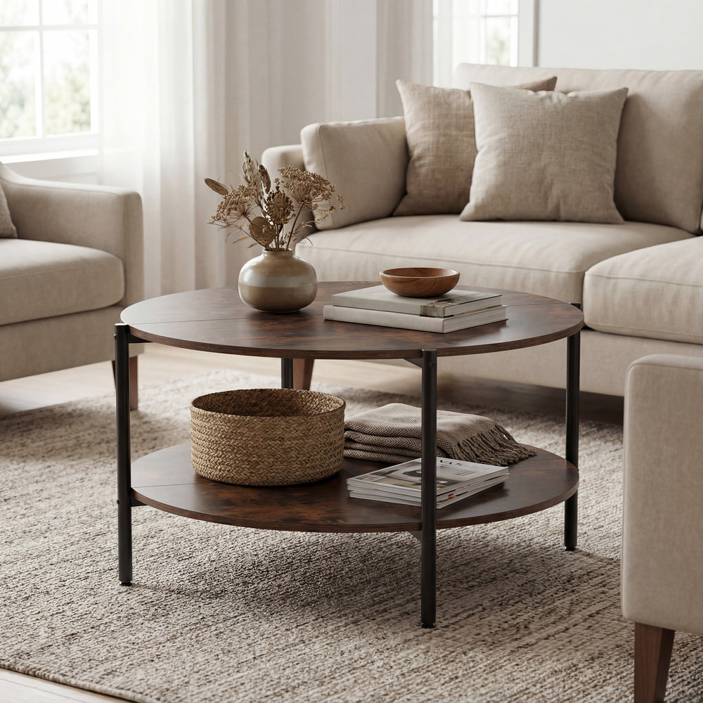 Round coffee table with a rustic brown finish, showcasing a sturdy cross-shaped structure and ample clearance for easy.