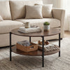 Round coffee table in rustic brown with a spacious tabletop and a stylish open shelf, perfect for modern living rooms.