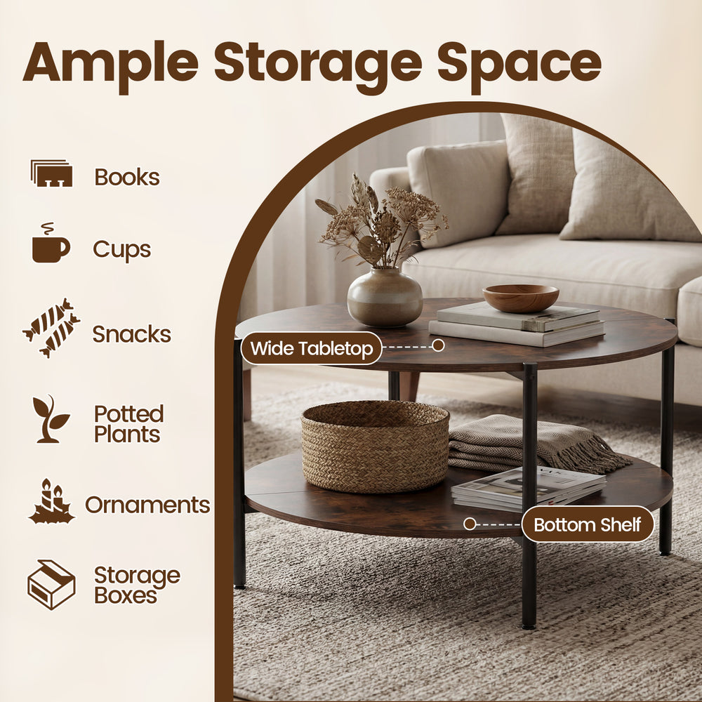 Round coffee table with rustic brown finish, featuring a spacious tabletop and bottom shelf for ample storage in living.