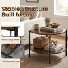 Round coffee table in rustic brown, highlighting a sturdy metal frame and reinforced cross bars for lasting stability.