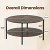 Overall dimensions of rustic brown round coffee table, featuring a spacious top and lower shelf, suitable for living.