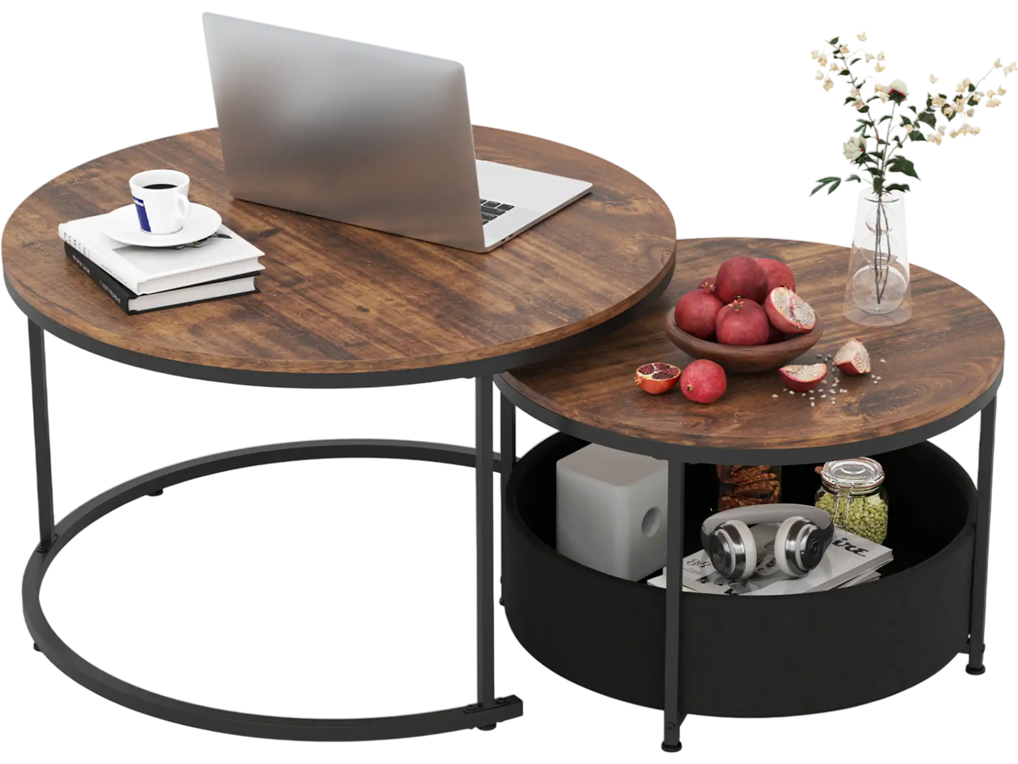 Costway Round Coffee Table Set of 2 w/ Fabric Storage Basket 30732865 New