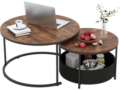 Costway Round Coffee Table Set of 2 w/ Fabric Storage Basket 30732865 New