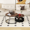 Round coffee table set of 2 with dual tabletops and a storage basket, perfect for flexible living room arrangements.