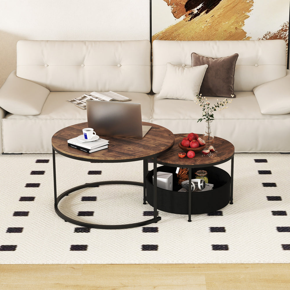 Round Coffee Table Set of 2 Circle Cocktail Table with Storage Basket - Gallery View 1 of 10