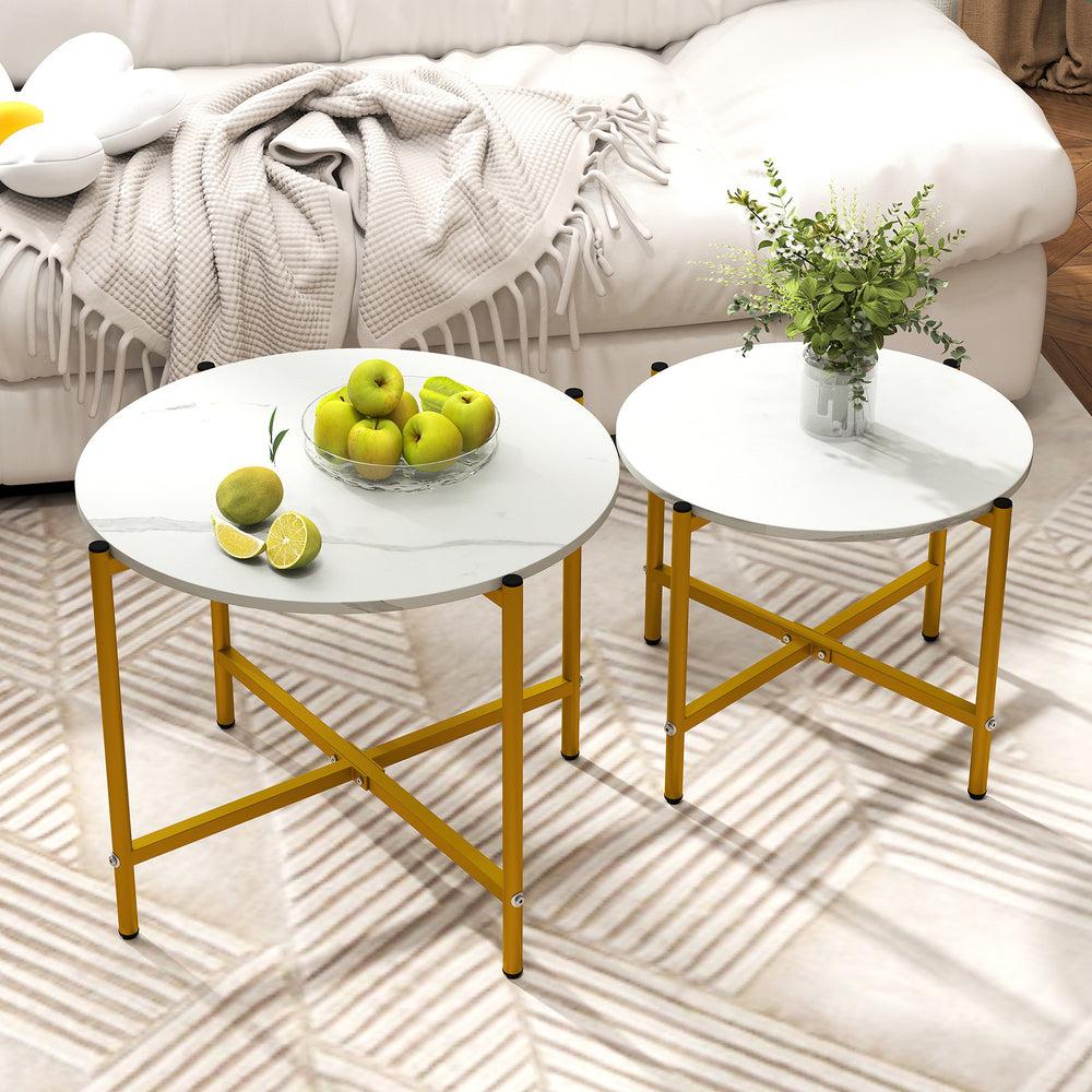 Round Coffee Table Set of 2 with Heavy-Duty Metal Frame-White - Gallery View 1 of 10