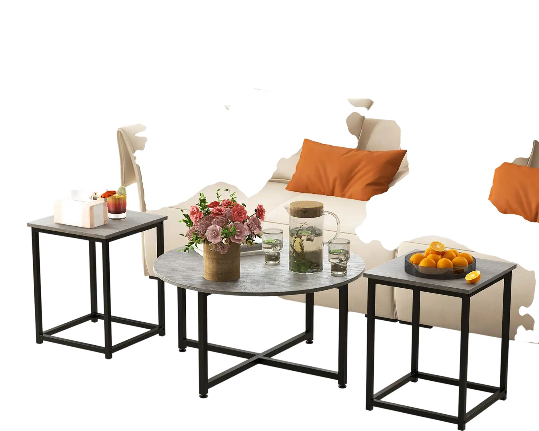 Costway 3-Piece Round Coffee Table Set w/ 2 Square End Tables Gray 19457836 New
