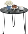 Round coffee table with black faux marble top and metal tripod legs, perfect for living rooms and small spaces.