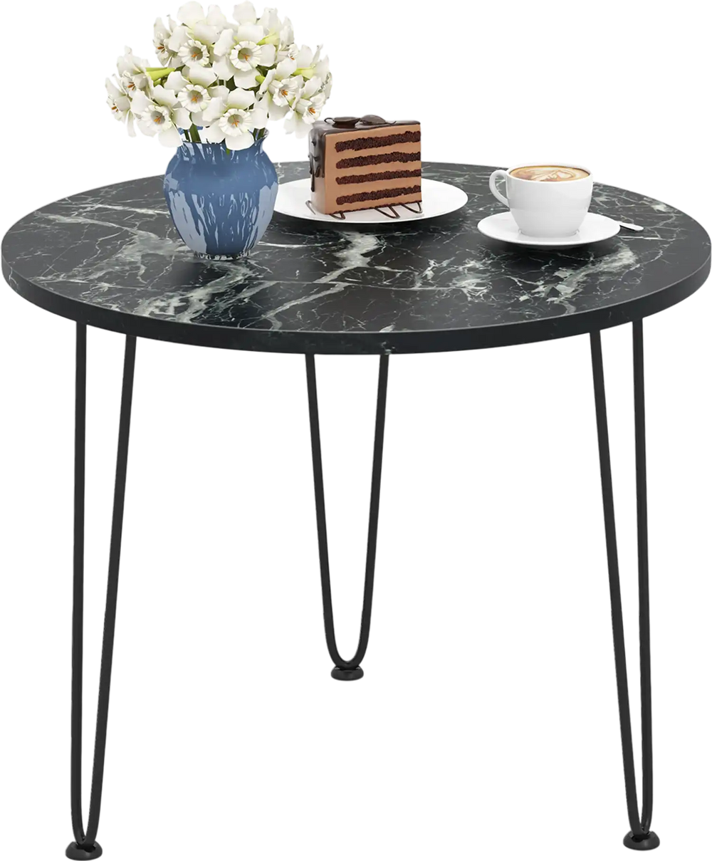 Round coffee table with black faux marble top and metal tripod legs, perfect for living rooms and small spaces.