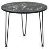 Round coffee table with black faux marble top and metal tripod legs, perfect for modern living rooms and small spaces.