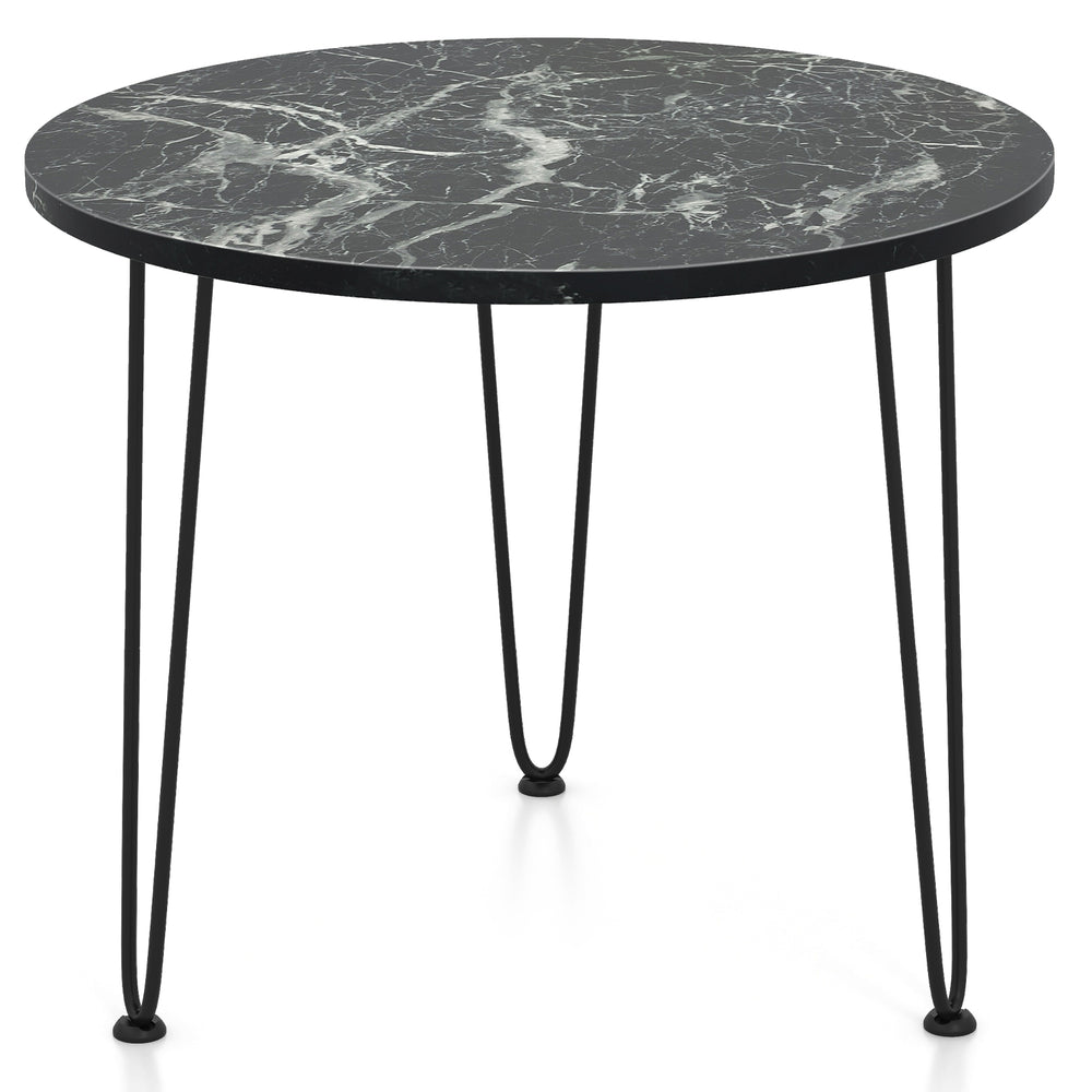 Round coffee table with black faux marble top and metal tripod legs, perfect for modern living rooms and small spaces.