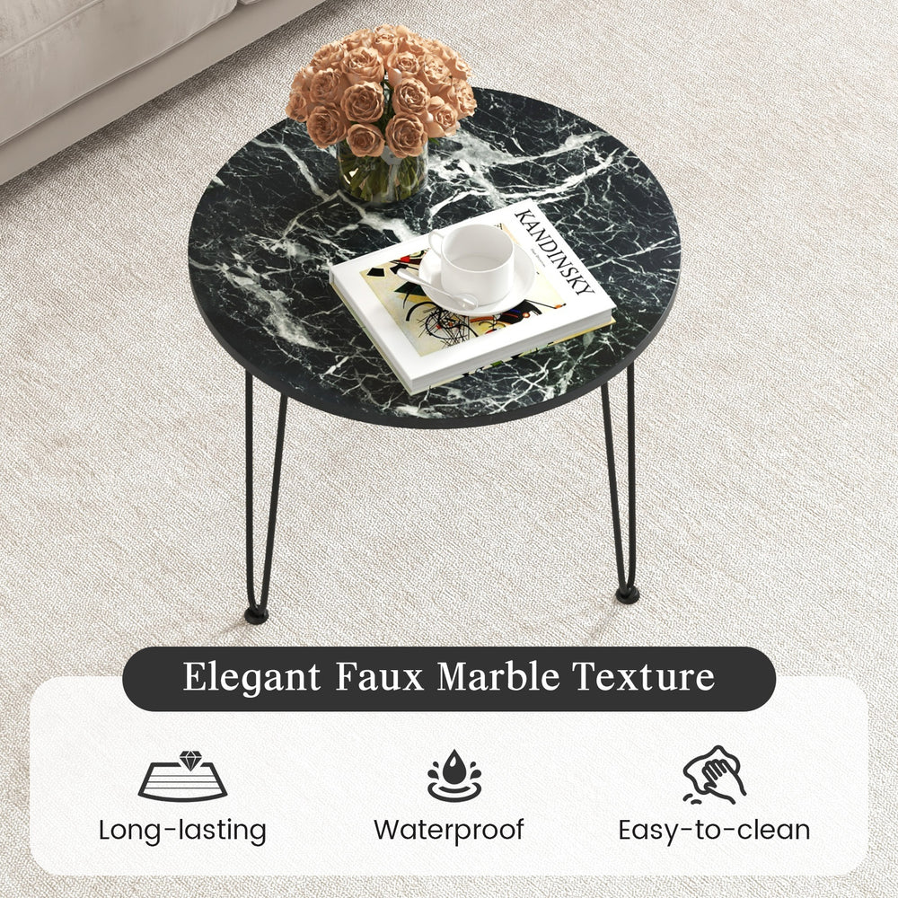 Round coffee table with elegant faux marble texture, thickened waterproof tabletop, and metal tripod legs for modern.