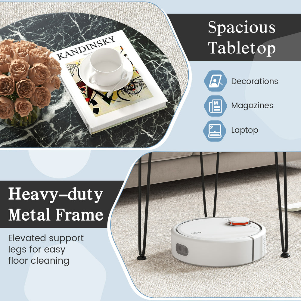 Round coffee table with thickened black tabletop and metal tripod legs, ideal for magazines and laptops in small spaces.