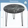 Round coffee table with black faux marble top and metal tripod legs, ideal for small spaces and modern living rooms.