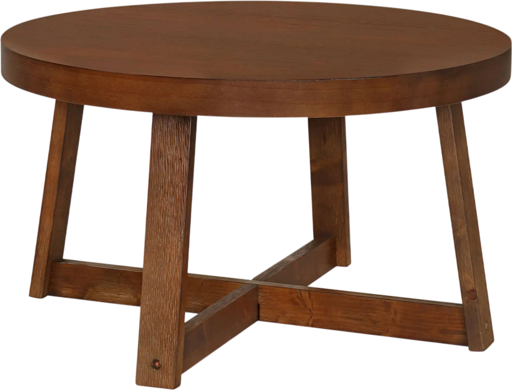 Round coffee table with walnut finish, sturdy rubber wood legs, and 30-inch diameter, perfect for living room decor.