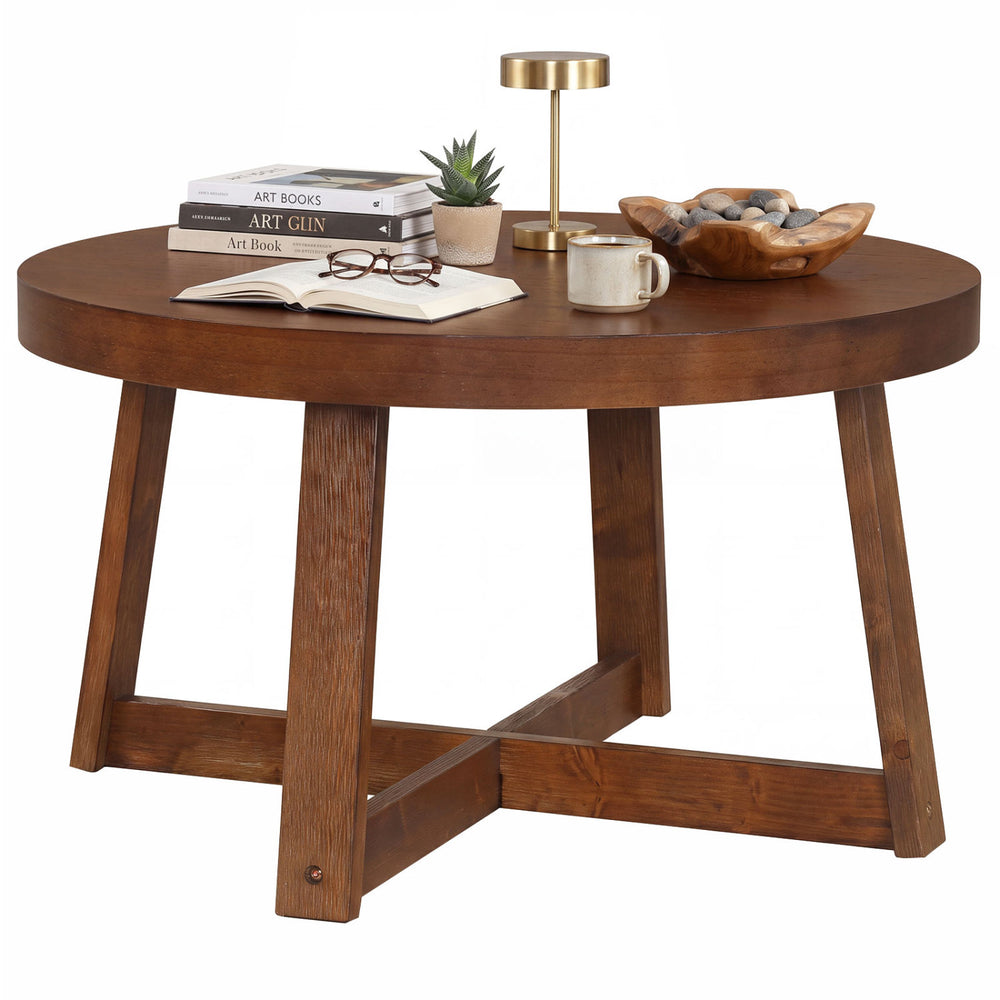 Round coffee table with walnut finish, sturdy rubber wood legs, and 30-inch diameter for stylish living room organization.