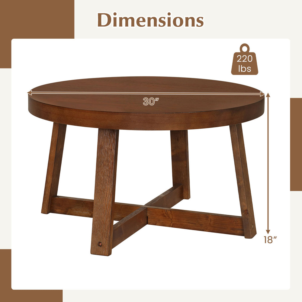 Round coffee table with a 30-inch walnut tabletop and sturdy rubber wood legs, ideal for living room organization.