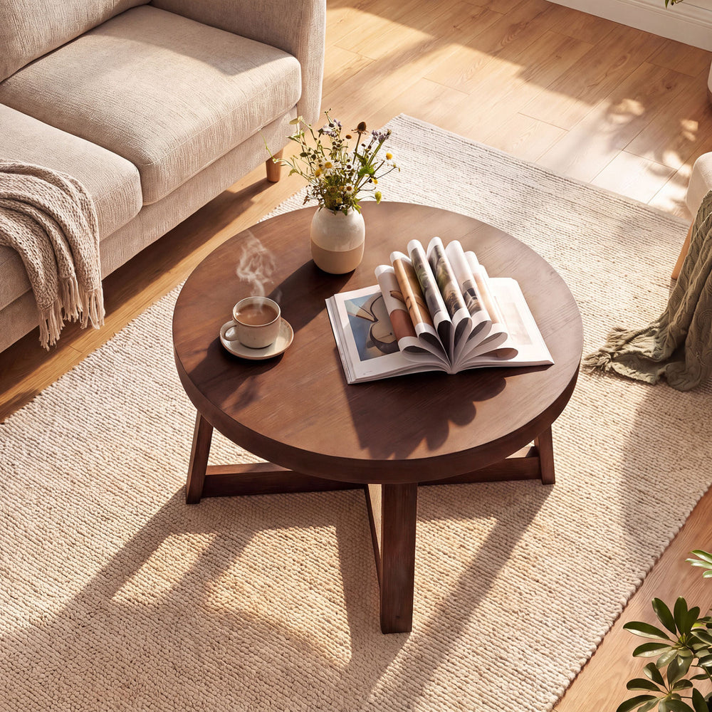 Round coffee table with walnut finish, 30-inch wooden top and sturdy rubber wood legs, ideal for living room organization.