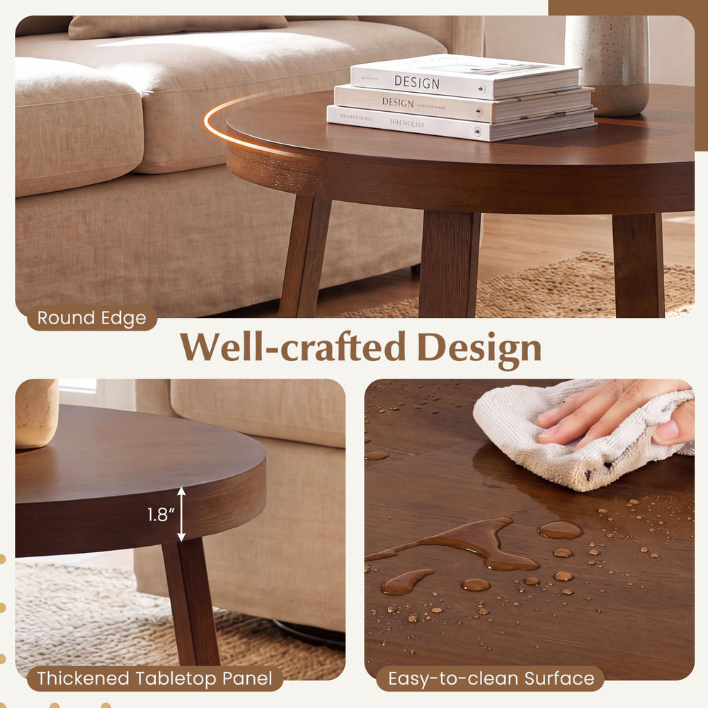 Round coffee table with a 30" walnut surface, thickened panel, and rubber wood legs, perfect for living room organization.