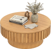 Round wooden coffee table with fluted accents and hidden storage, perfect for organizing living room essentials.