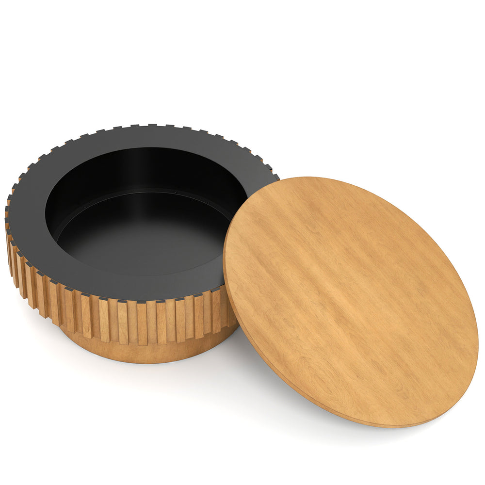 Round coffee table with hidden storage, featuring rubber wood fluted accents and a sleek birch veneer surface.