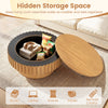 Round wooden drum coffee table with hidden storage, featuring fluted accents for a modern look, ideal for living room.