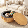 Round coffee table with hidden storage, featuring rubber wood fluted accents, perfect for organizing living room.