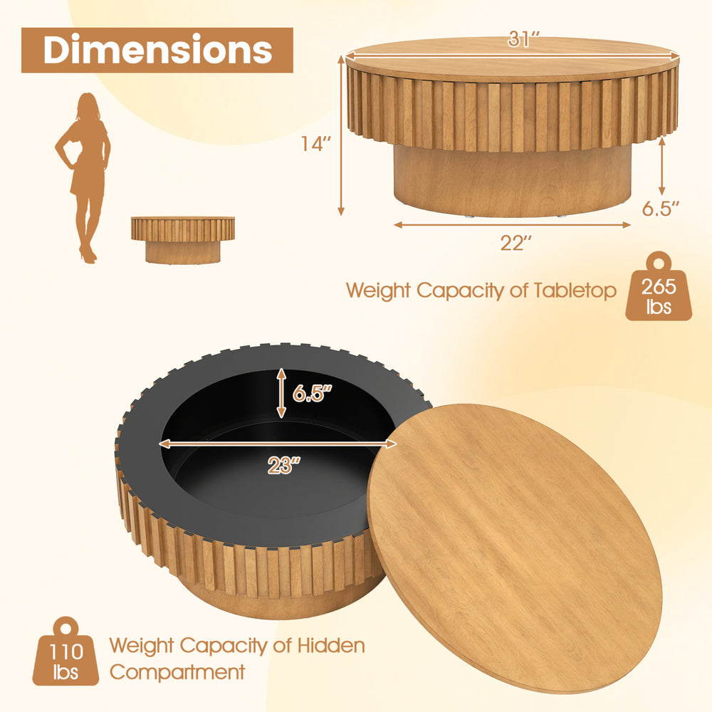 Round coffee table with hidden storage, featuring rubber wood fluted accents and a spacious tabletop for living room.