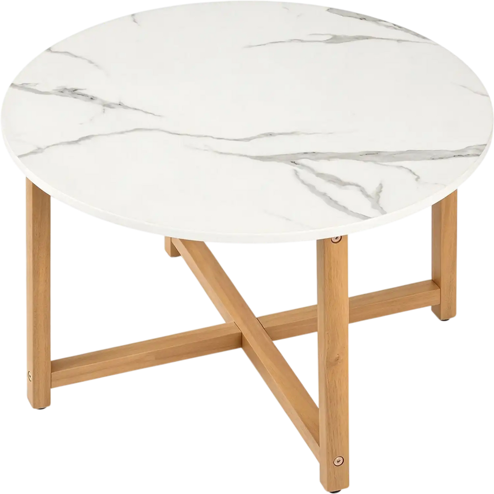 Round 24" modern center table features a faux marble top and acacia wood legs, perfect for living rooms and home offices.