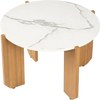 Round coffee table with faux marble tabletop and acacia wood legs, ideal for living rooms and home offices.