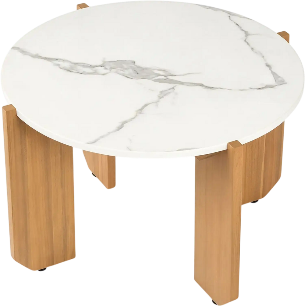 Round coffee table with faux marble tabletop and acacia wood legs, ideal for living rooms and home offices.