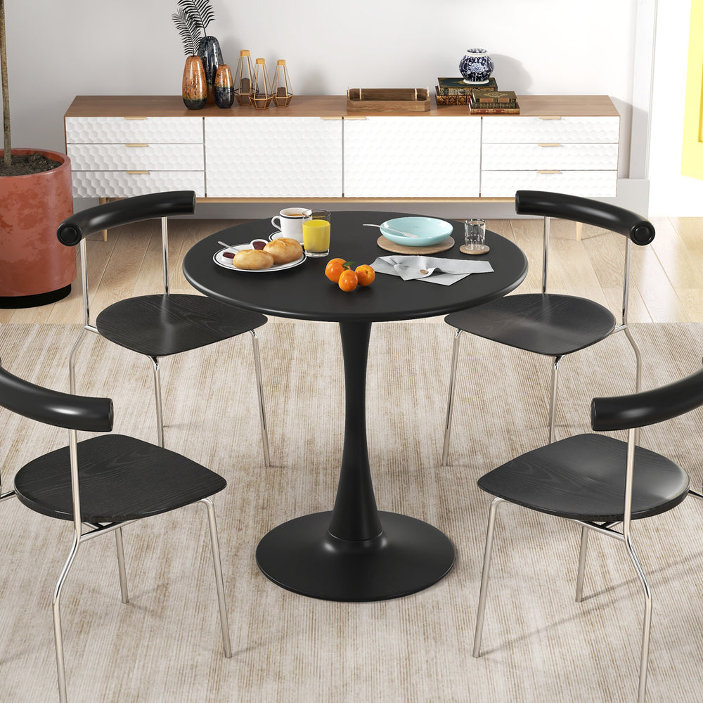Round 31.5" black dining table with anti-slip PP ring, featuring a smooth surface and modern design for versatile use.