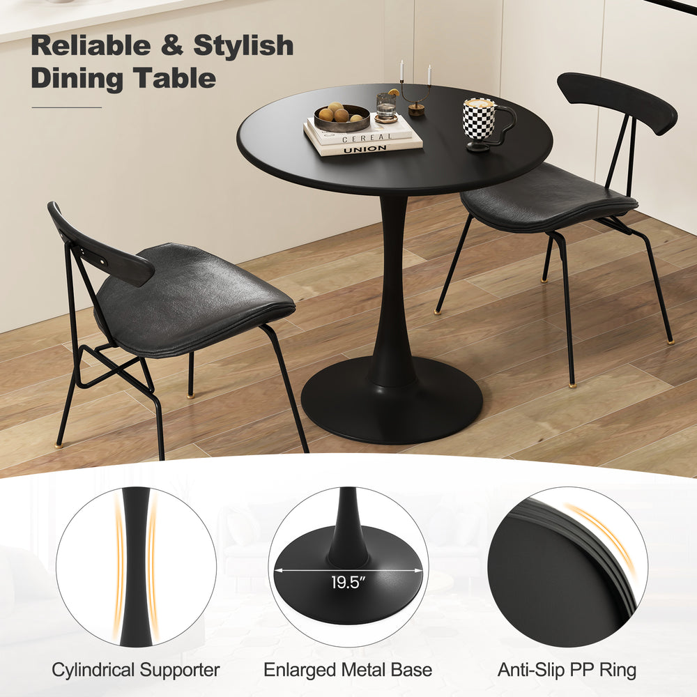 31.5-inch round black dining table with anti-slip PP ring and enlarged metal base, perfect for dining rooms or cafes.