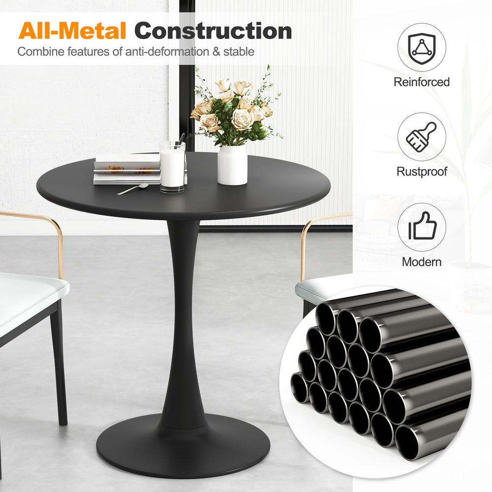 Round 31.5-inch black dining table with all-metal construction and anti-slip PP ring for stability in modern spaces.
