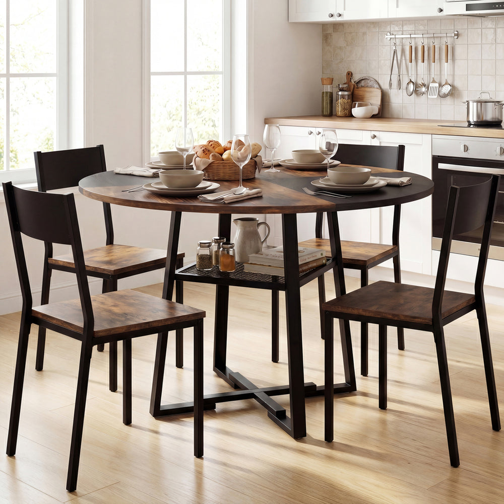 Round Dining Table for 4-6 with Storage Shelf and Metal Legs-Rustic Brown - Gallery View 1 of 11