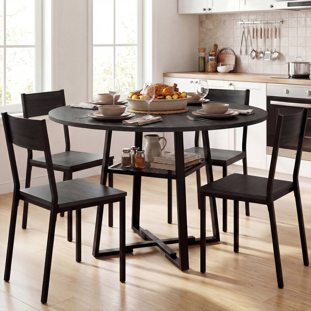 Round Dining Table for 4-6 with Storage Shelf and Metal Legs-Black - Gallery View 1 of 11