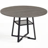 Round dining table for 4-6 in gray with metal legs and storage shelf, perfect for family gatherings.
