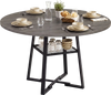 Round gray dining table for 4-6 with metal legs and storage shelf, ideal for family gatherings and stylish dining.
