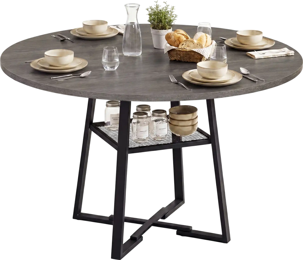 Round gray dining table for 4-6 with metal legs and storage shelf, ideal for family gatherings and stylish dining.