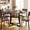 Round dining table featuring a metal mesh shelf, designed for 4-6, shown in a bright dining room setting.