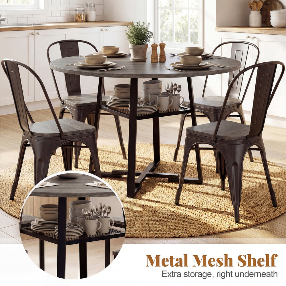 Round dining table for 4-6 in gray with metal legs and mesh shelf, perfect for family gatherings and extra storage.