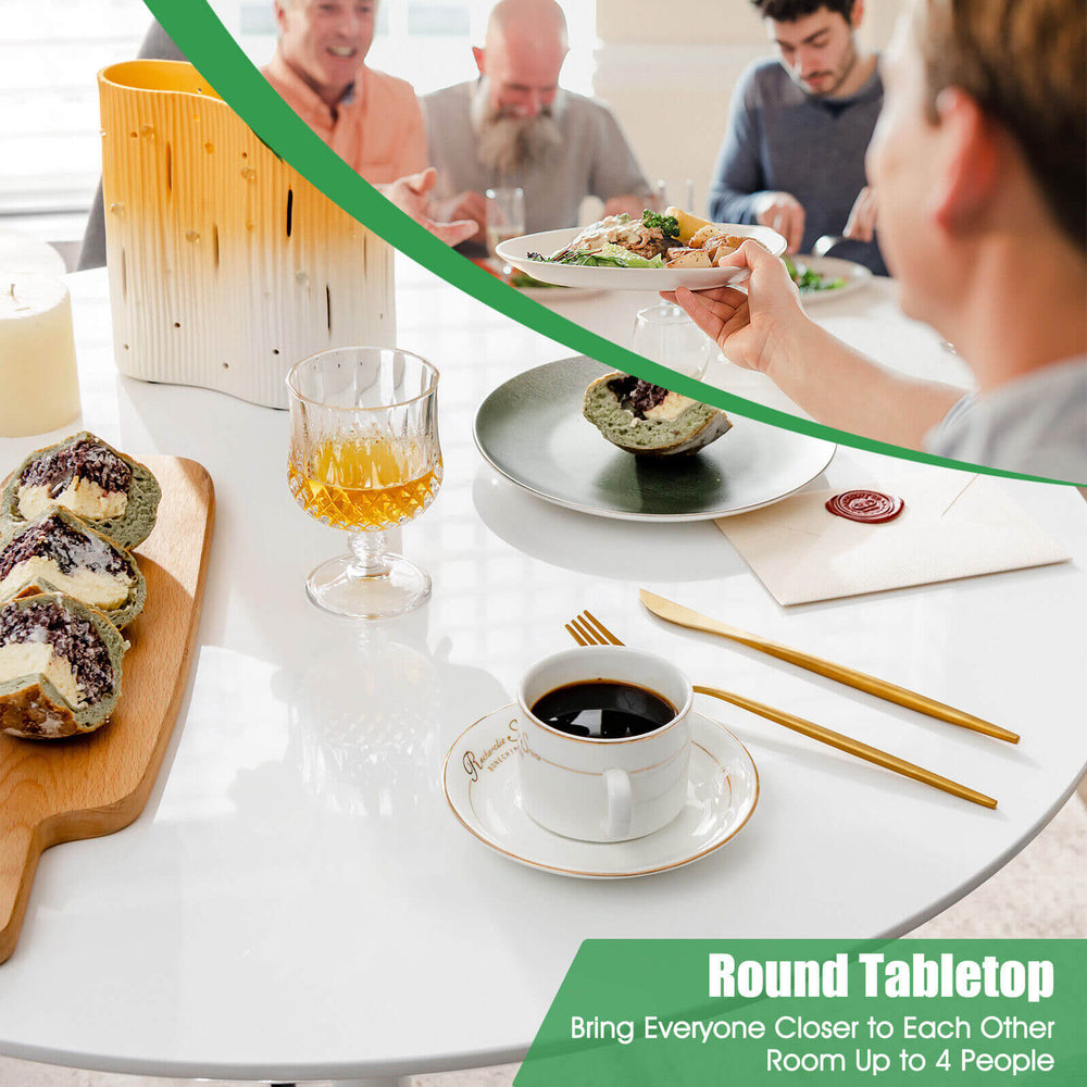 32-inch modern tulip round dining table with white MDF top, ideal for up to 4 people in small spaces.