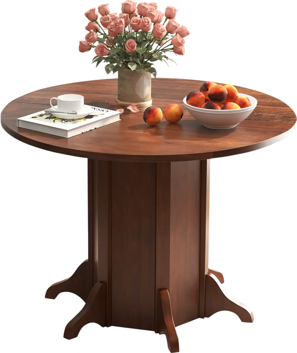 Round walnut dining table with pedestal base, suitable for 4-6 people, featuring a spacious and elegant design.